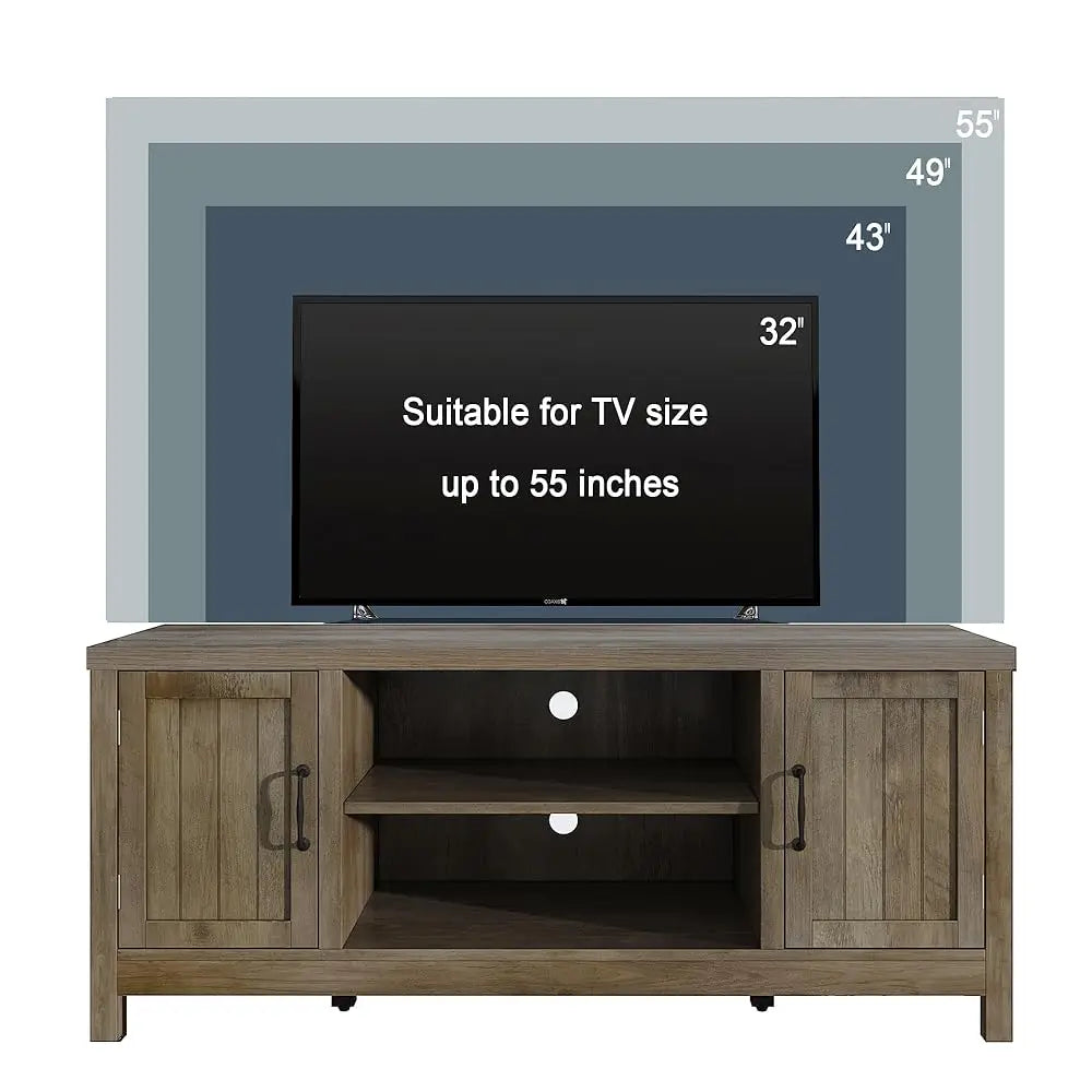 Farmhouse Tv Stand, Wood Grooved Door Entertainment Center With Storage Cabinets And Open Shelves, Rustic Media Console Up To