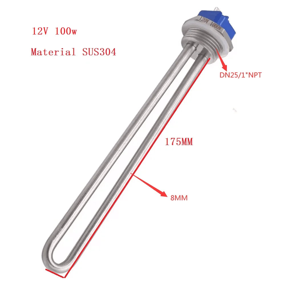 12V/24V DC Immersion Water Heater Submersible Heating Element with 1 Inch NPT Thread  Tubular Heater 150W/300W /600W SUS304