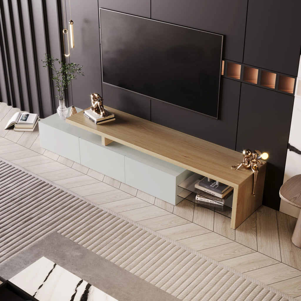 Rosahqnda TV Cabinet for Living Room,TV Lowboard,Sideboard, with LED,2 Glass Partition,3 Drawers,White High Gloss