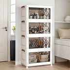 4 Tier Plastic Storage Containers with Doors & Wheels Foldable Organization Folding Storage Boxes for Living Room Bedroom Office