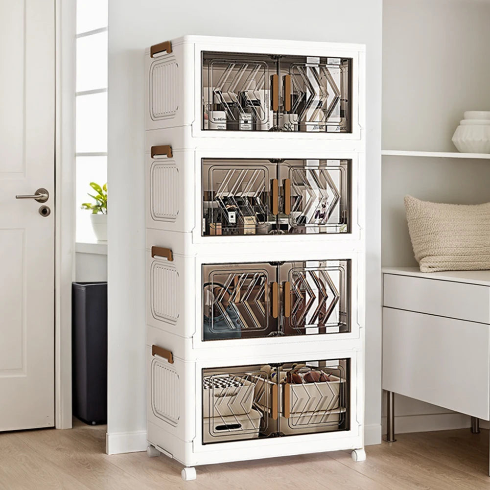 4 Tier Plastic Storage Containers with Doors & Wheels Foldable Organization Folding Storage Boxes for Living Room Bedroom Office