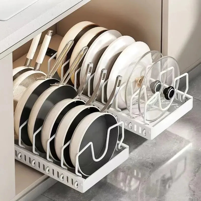 Kitchen Cabinet Pull Out Tray Organizer with Slide Rails Adjustable Storage Rack for Pots Pans and Dishes