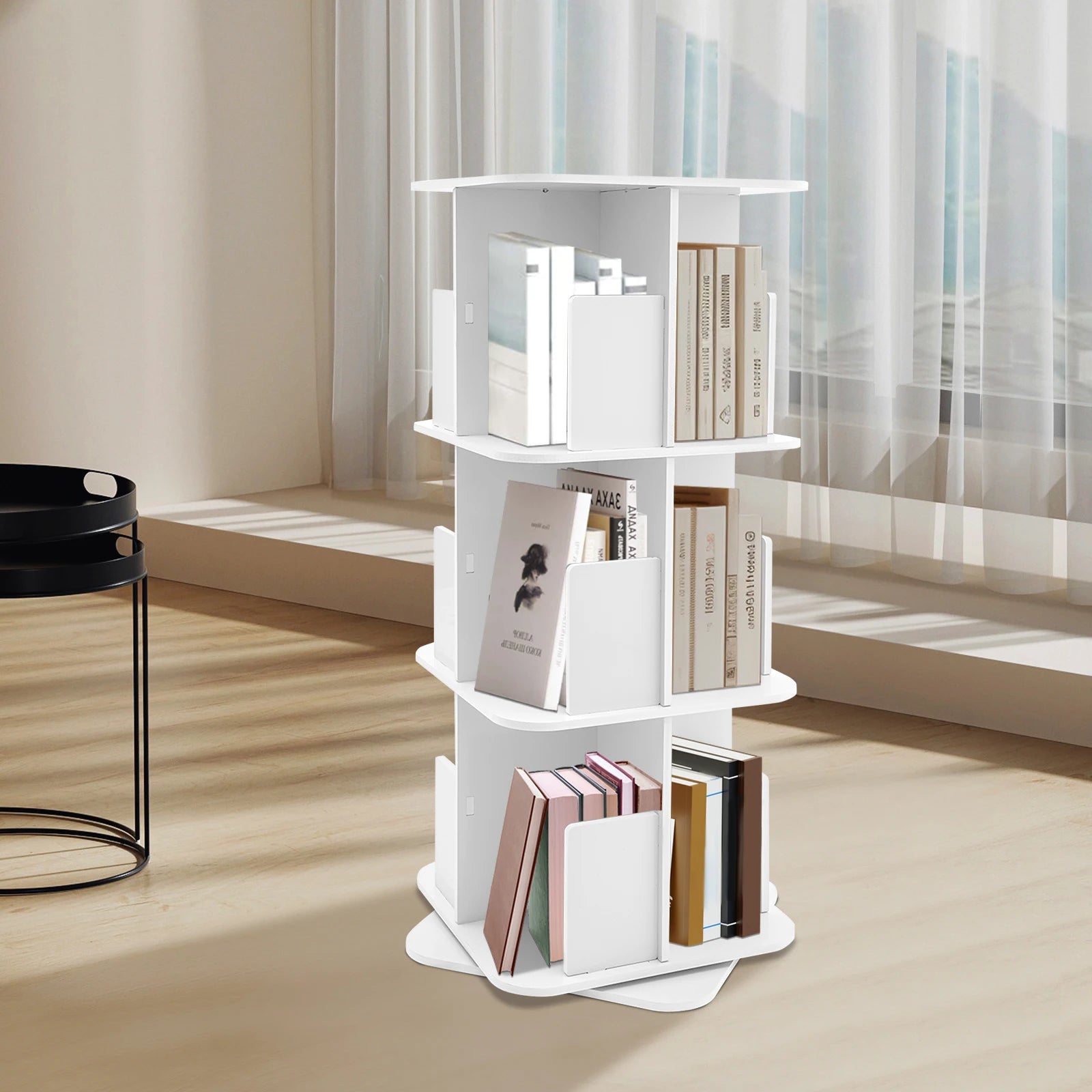 3 Shelves Rotating Bookcase with Desk Pad 360 Degree Rotating Stainless Steel Bookcase for Bedroom Office  Living Room White