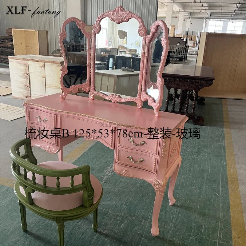 NEW y French retro pink dresser solid wood carving flower dressing table makeup stool glass combination