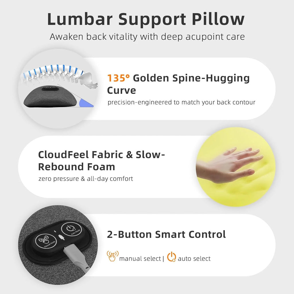 3 in 1 Electric Lumbar Support Pillow with Heat, Vibration, Traction - Adjustable Smooth Spine Back Massager for Lower Back Pain