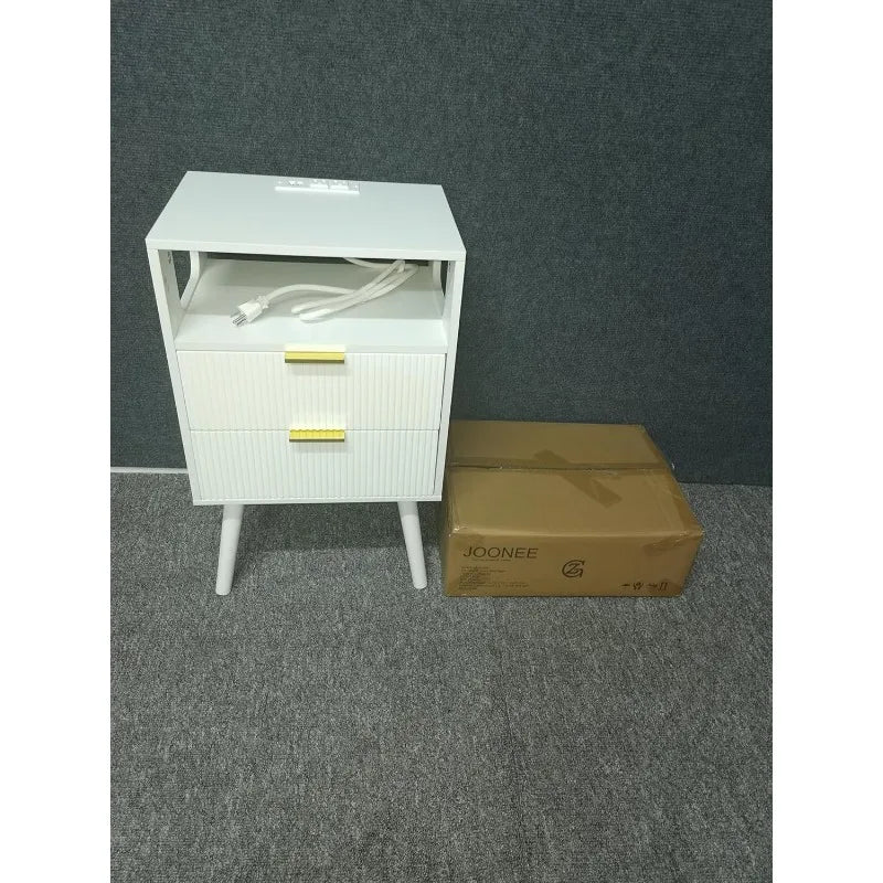 White Nightstand with Charging Station and Lights,Modern Bedside Table with 2 Storage Drawer and Open Wood Shelf