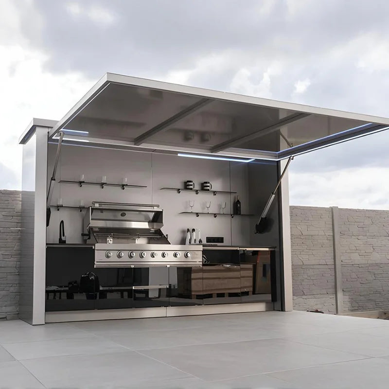 Customized integrated outdoor kitchen solution including design, gazebo structure and full cooking gear