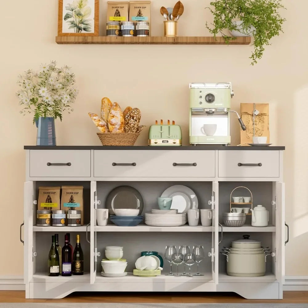 Sideboard Buffet Cabinet with Storage, 55" Kitchen Coffee Bar Cabinet with 3 Drawers & Glass Doors, Farmhouse Sideboard Buffet