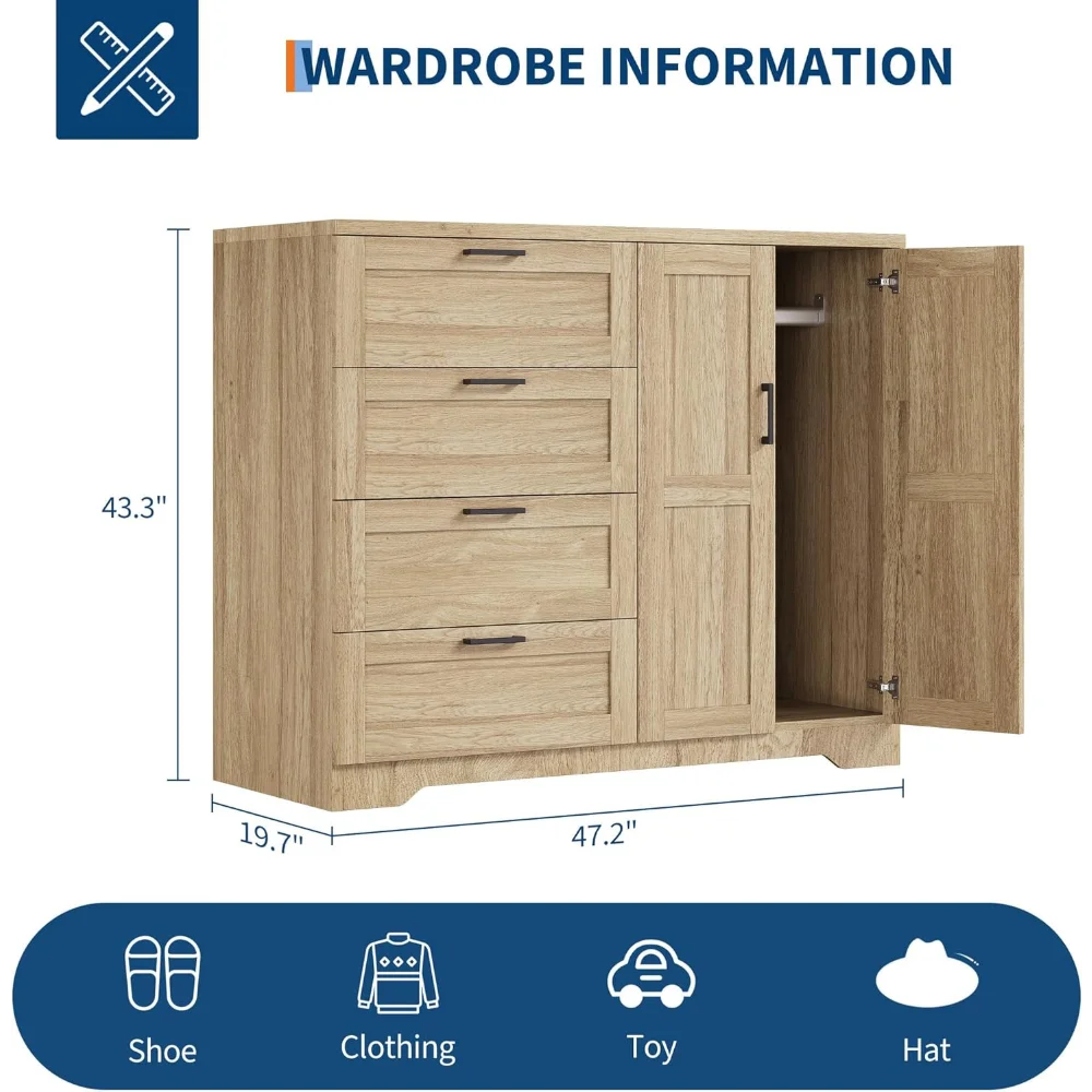 Multifunctional Wooden Dresser for Bedroom, 43.3'' H 2 Door Wardrobe Armoire Closet with 4 Drawers and Hanging Rod