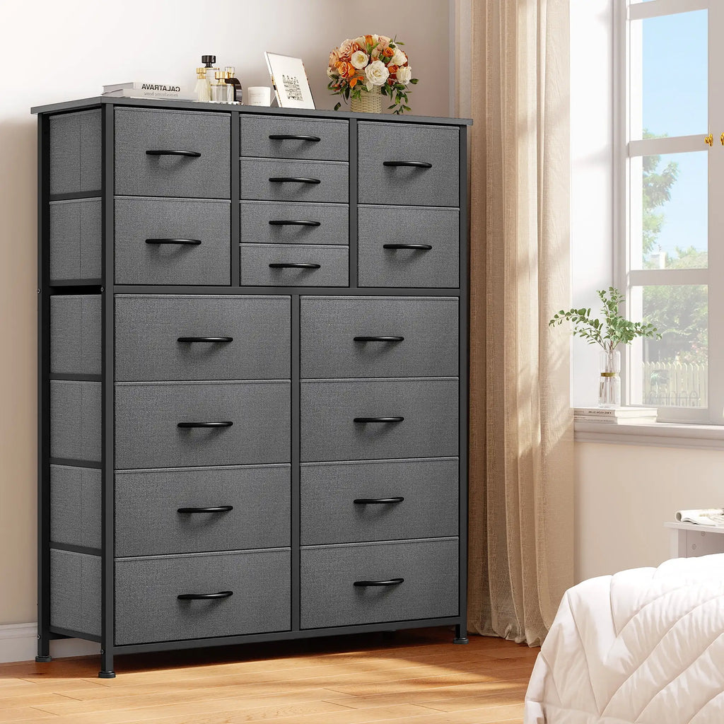 16-Drawer Fabric Dresser for Adults & Teens, Storage Chest for Bedroom & Closet – Black Gray