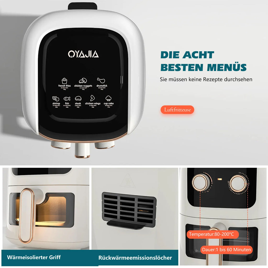 OYAJIA 5L Manual Air Fryer, , Easy-View Window, Digital Temperature Control, 60-Minute Timer, Non Stick Technology