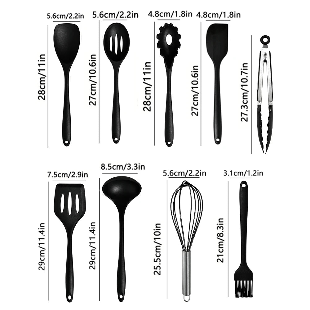 10 Pcs/Set Silicone Kitchen Utensils Set Non-Stick Silicone Tong Spoon Spatula Pasta Server Whisk Ladle Strainer Cooking Tools