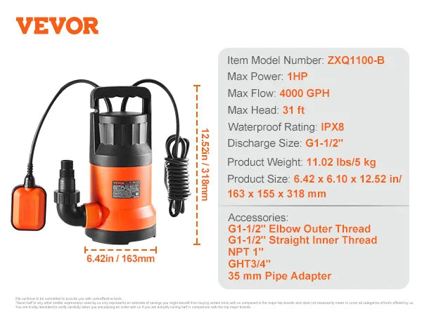 VEVOR Utility Pump 1HP 4000GPH High Flow 31ft Head Sump Pump Submersible Water Pump with 10ft Long Power Cord for Draining Water