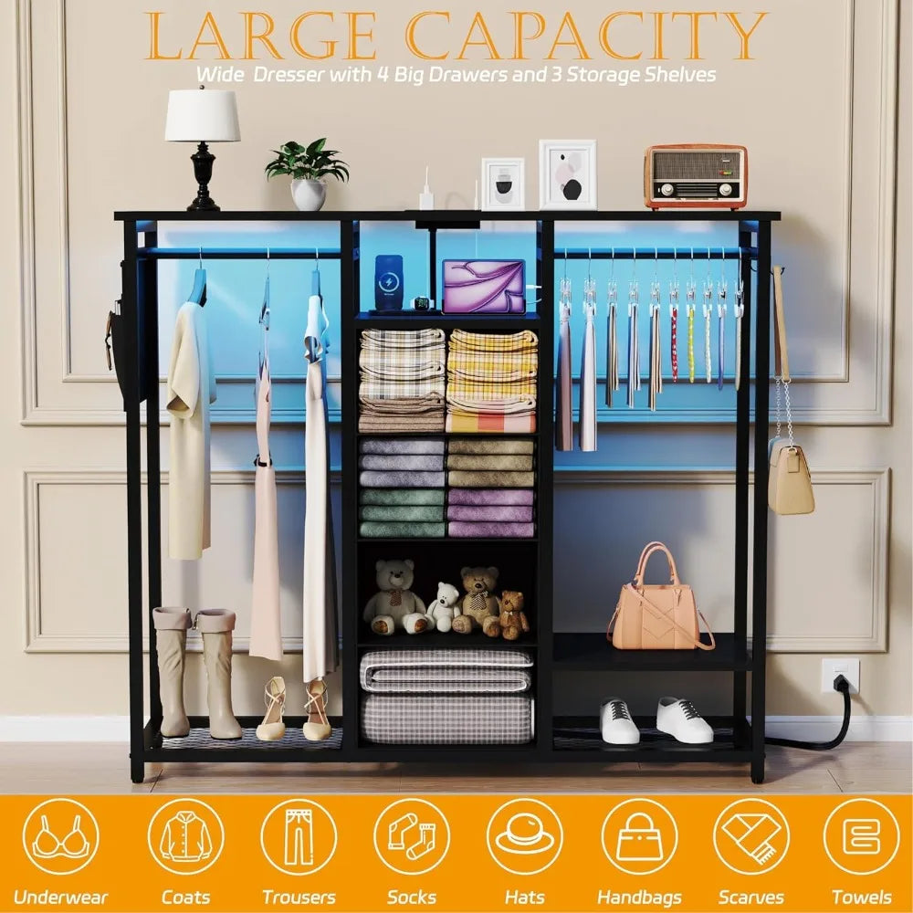 Dresser for Bedroom with 2 Clothes Racks, 4 Drawer Closet with Led Light and Charging Station, Black Wardrobe with Hanging Rack,