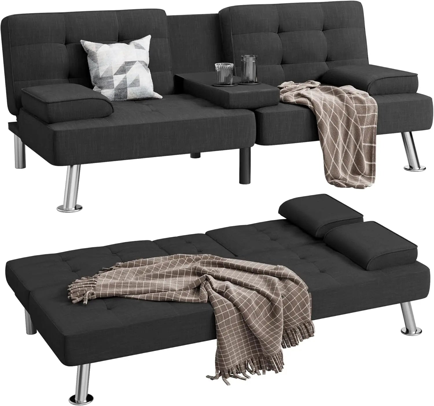 Modern Linen Upholstered Convertible Folding Futon Sofa Bed with Removable Armrests, Metal Legs, 2 Cup Holders for Living Room