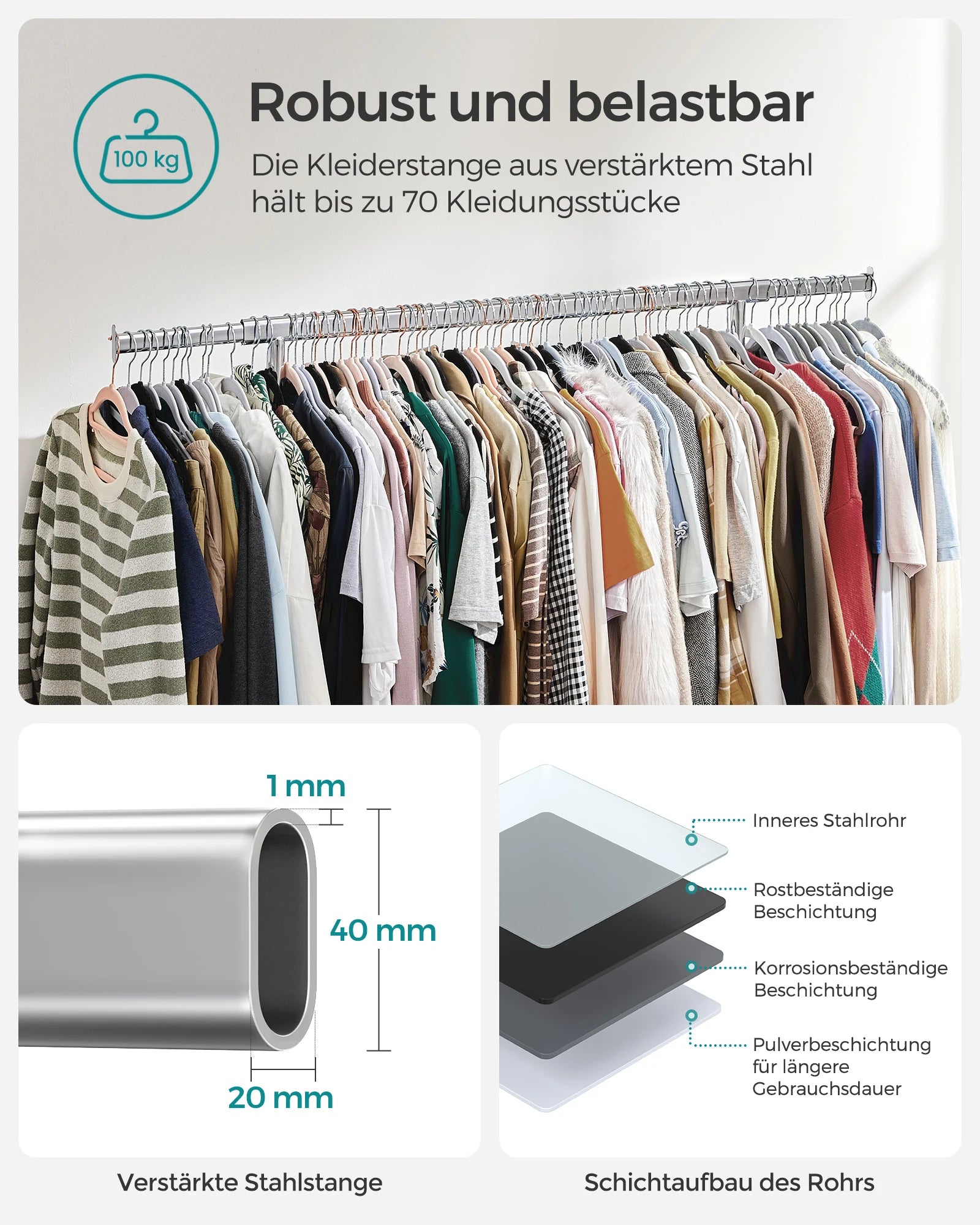 SONGMICS dresses stand on wheels, heavy-duty coat rack stand, extendable dresses Rod, up to 100 kg