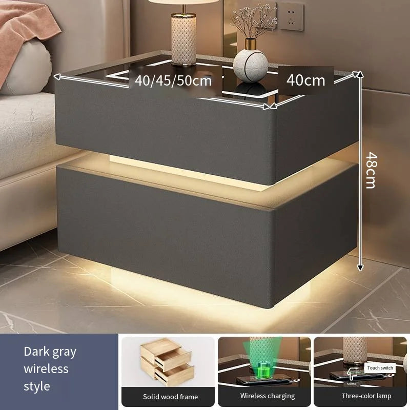 Creative 25-50cm Smart Bedside Table with Sensor Light Nordic Style Storage Cabinet Bedroom Nightstand with Wireless Charging