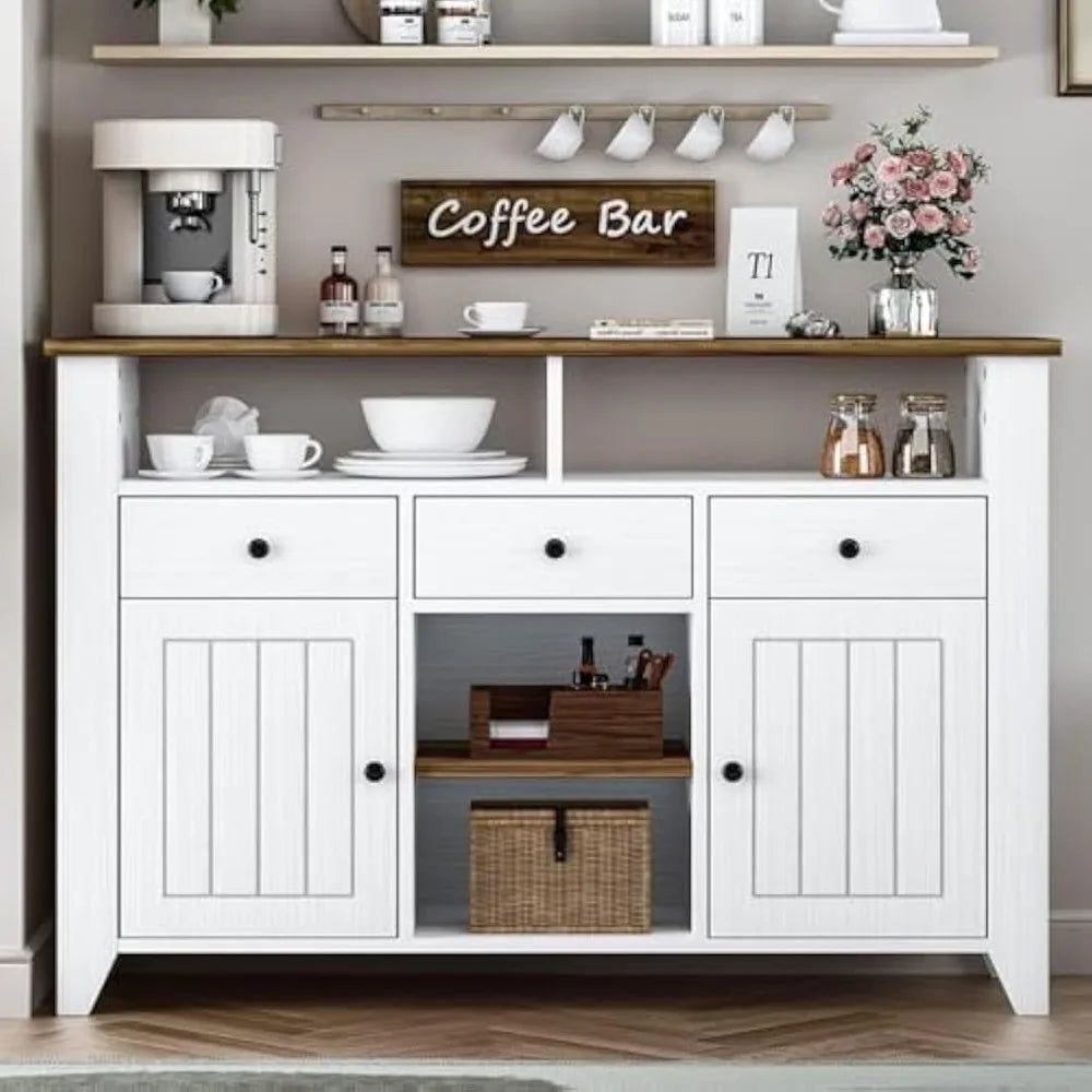Farmhouse Coffee Bar Cabinet with Storage, 47 Inch Coffee Bar with 3 Drawers & 2 Doors, White Buffet Cabinet with Open Shelf,