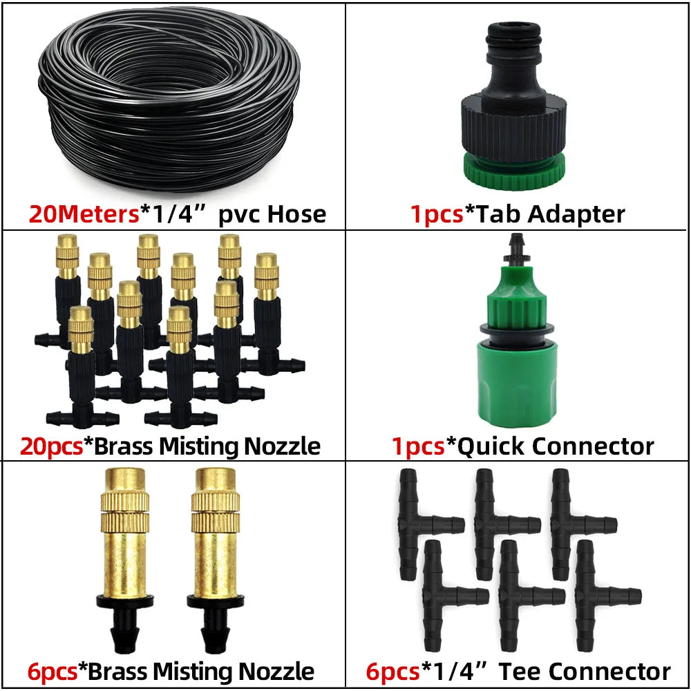 15M-30M Outdoor Misting Cooling System Garden Irrigation Watering 1/4'' Brass Atomizer Nozzles 4/7mm Hose for Patio Greenhouse