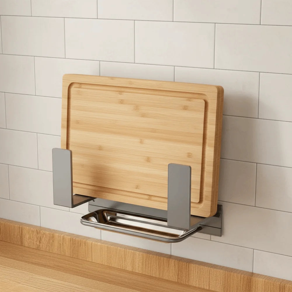Wall Mounted Pot Lid Rack Space Saving with Drain Tray Cutting Board Holder No-Drill Sturdy Kitchen Storage Rack Kitchen Storage