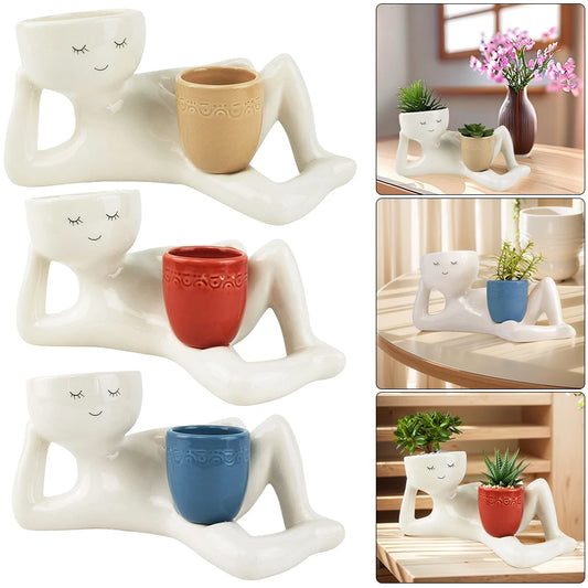 Relaxing Person Holding Pot Planter with Drainage Hole Funny Succulent Pot Resin Desktop Body Flower Pot Home Office Decor