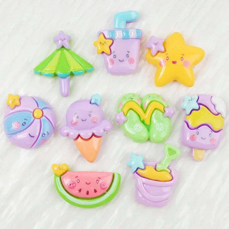 10/100pcs Cartoon Beach Umbrella Slippers Series Decorated Flatback Resin DIY Cabochon Crafts Supplies Hair Clips Decor Material