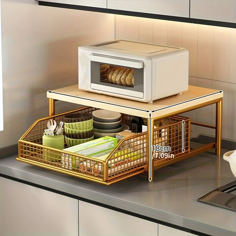 2-Tier Kitchen Countertop Storage Rack - with Drawers + Mesh Baskets Sturdy Solid Wood + Metal Material Space Saving Fits Coffee