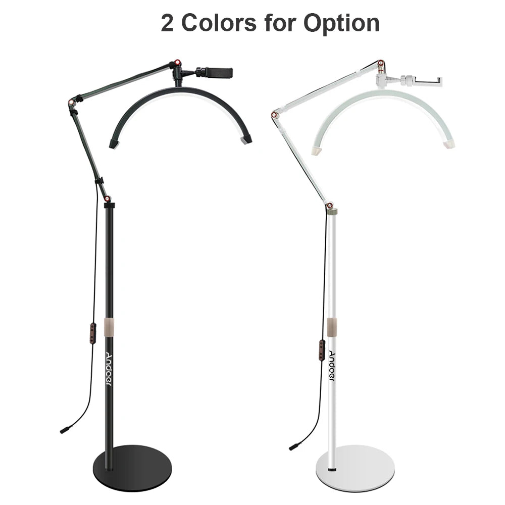 20W Floor LED Video Light Half-moon Shaped Fill Light 3000K-6000K Dimmable with Adjustable Metal Light Stand Phone Holder for Be