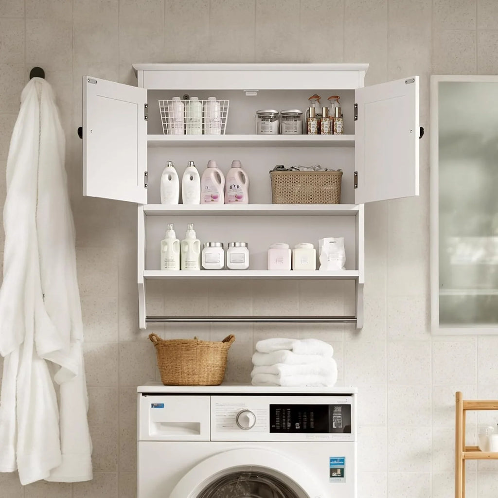 Bathroom Wall Cabinet with Towels Bar, Wall Mounted Medicine Cabinet with 2 Door and Adjustable Shelves, Space Saver