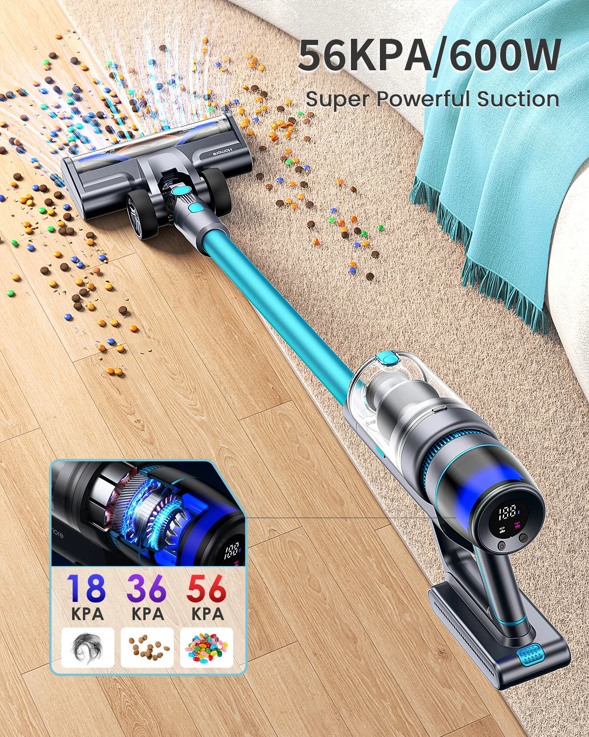 Homore  600W 56KPA Powerful Cordless Vacuum Cleaner Handheld with LED Color Light Smart  Suction Mode Self - Standing Function