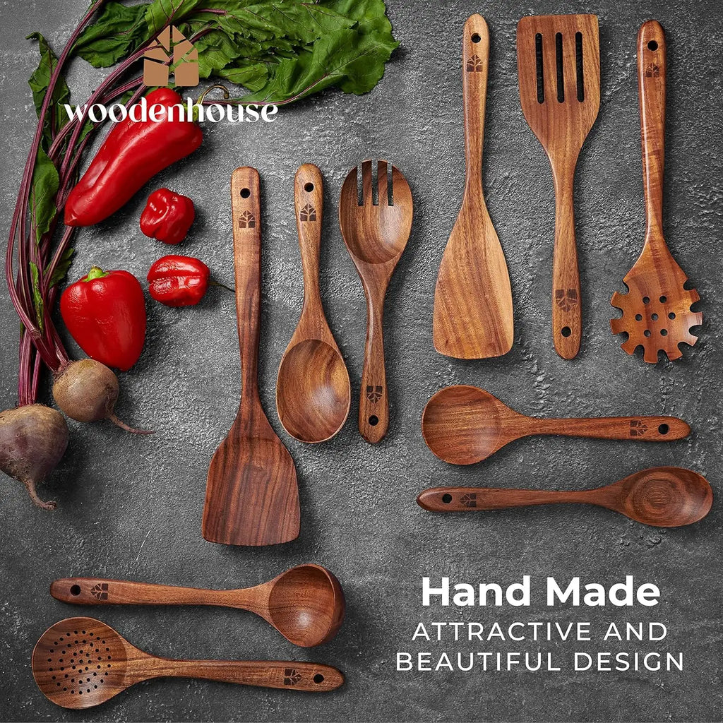 Natural Teak Wooden Kitchen Utensil Set - Comfort Grip Cooking Spoons and Utensils Holder