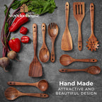 Natural Teak Wooden Kitchen Utensil Set - Comfort Grip Cooking Spoons and Utensils Holder