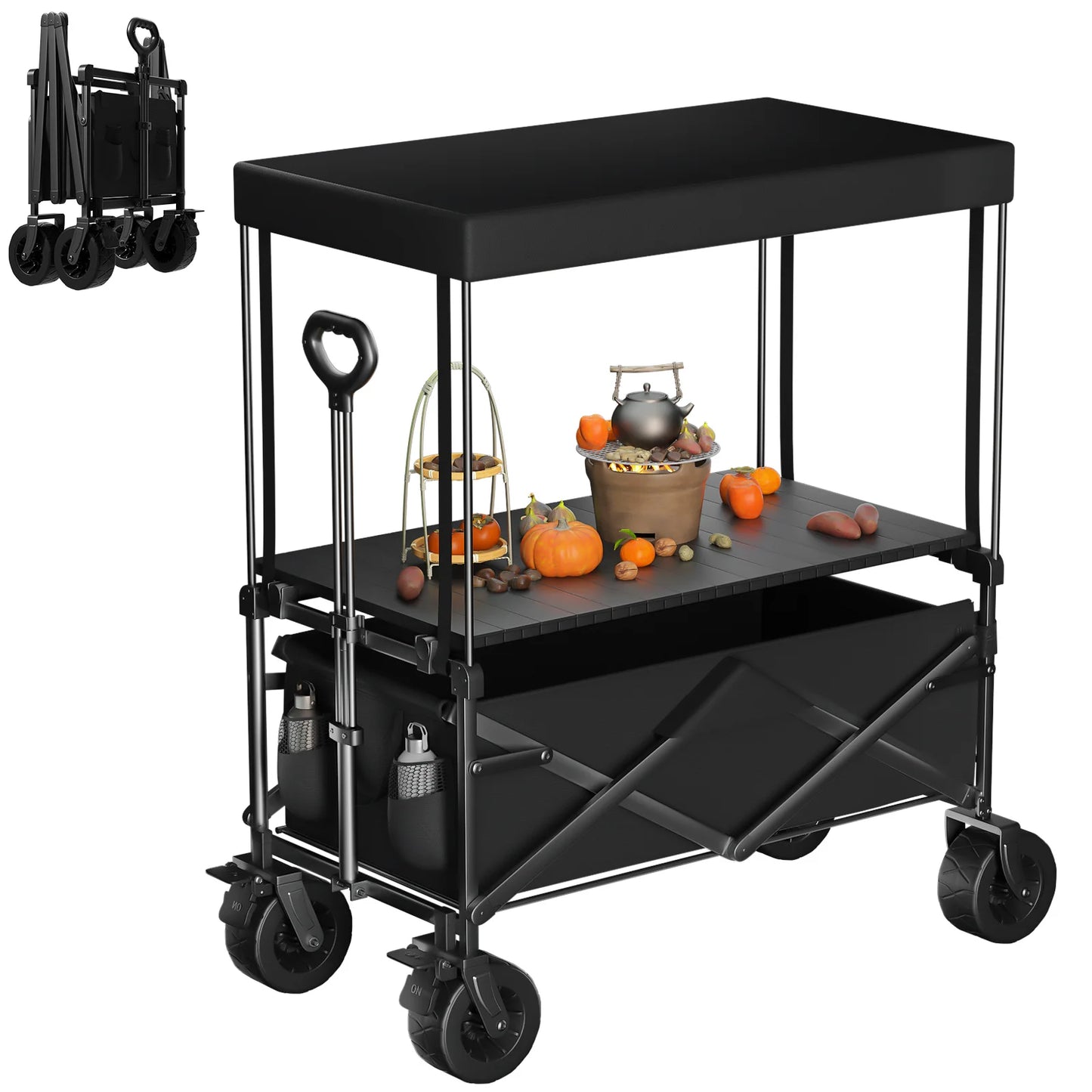 Outdoor Camping Cart Rotating Wheels Portable Table Board Miscellaneous Cart Grocery Beach Cart Double-Layer Fold Shopping Cart