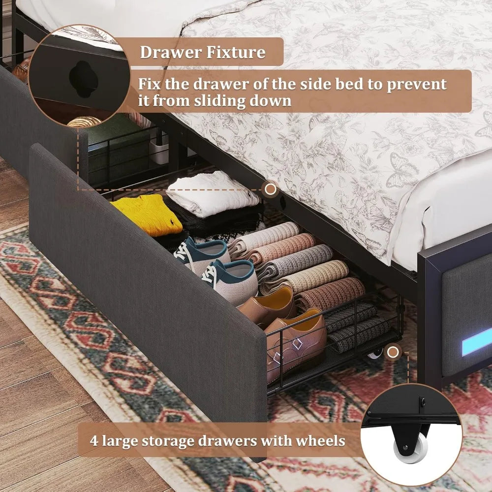 Queen Bed Frame with 4 Drawers and Hidden Storage Headboard,LED Bed Frame with Marshmallow Storage and Charging Station,Light up