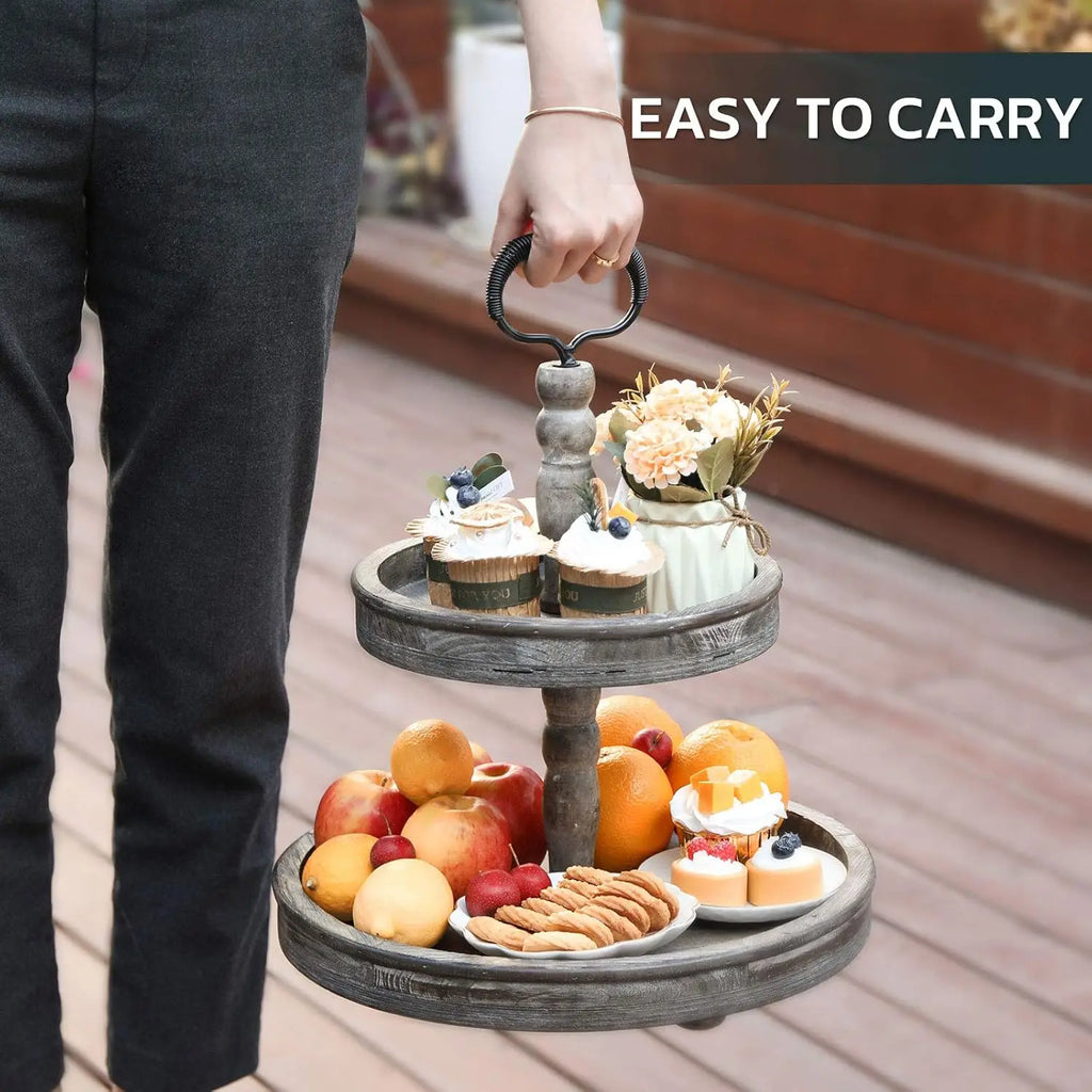 Two Tier Tray Distressed Wood 2 Tiered Serving Tray Farmhouse, Decorative Wooden Rustic Cake Stand For Kitchen Counter Table,