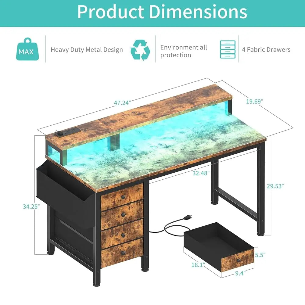 Computer Desk With Fabric Drawers, 47 H Home Office Desk With Monitor Stand, Reversible Gaming Desk With Led Lights And Power