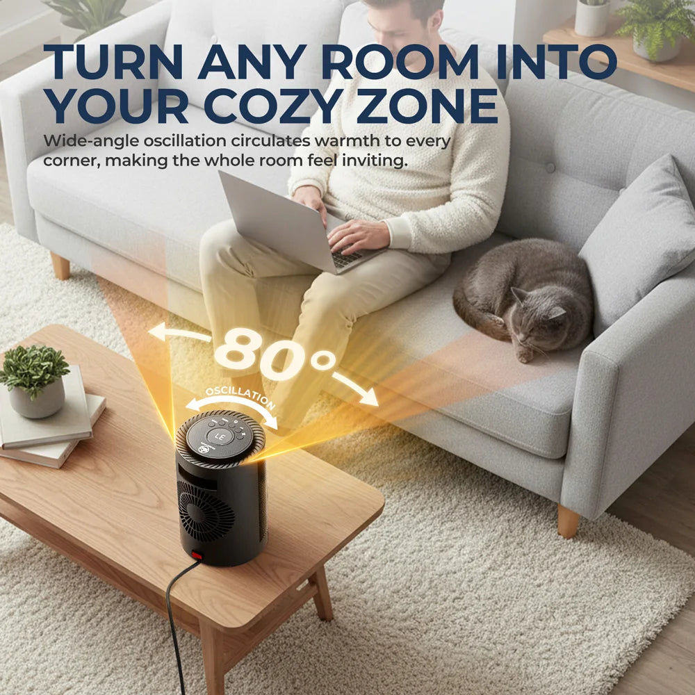 Portable Desktop Electric Space Heater, 80°Oscillating, 1200W PTC Ceramic Heater Fan for Bedroom, Office, Indoor Heating, Black