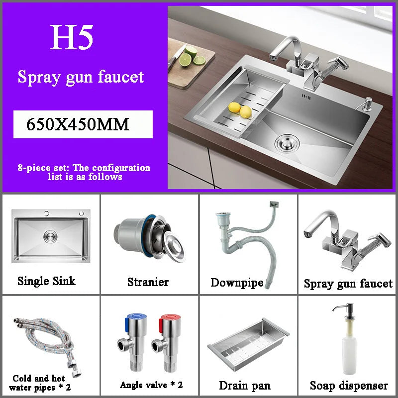 Stainless Steel Kitchen Sink Farm House Above Counter Undermounter Single Bowel Wash Basin with Faucet Drain Kitchen Accessories
