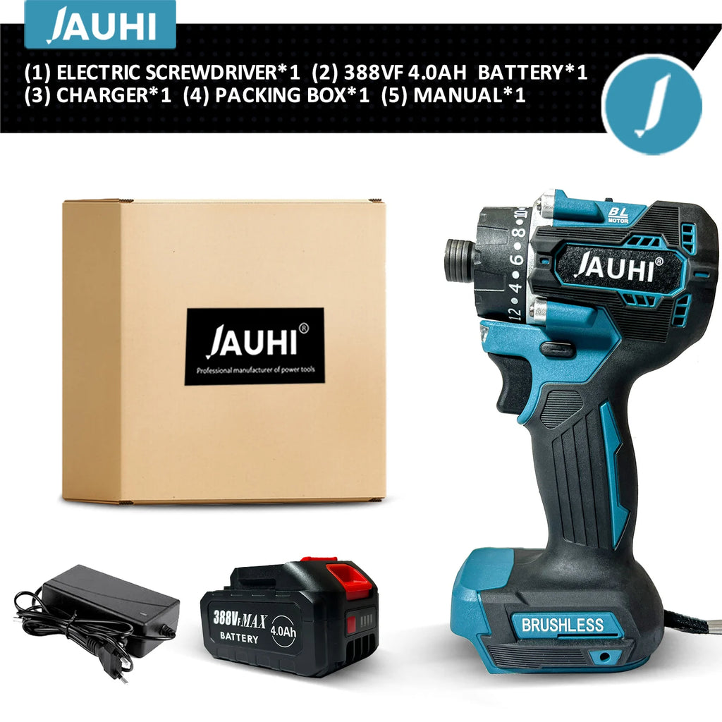 JAUHI 20+1 Torque 280N.m Brushless Electric Screwdriver Rechargeable Cordless Electric Drill Screw Driver for Makita 18v Battery