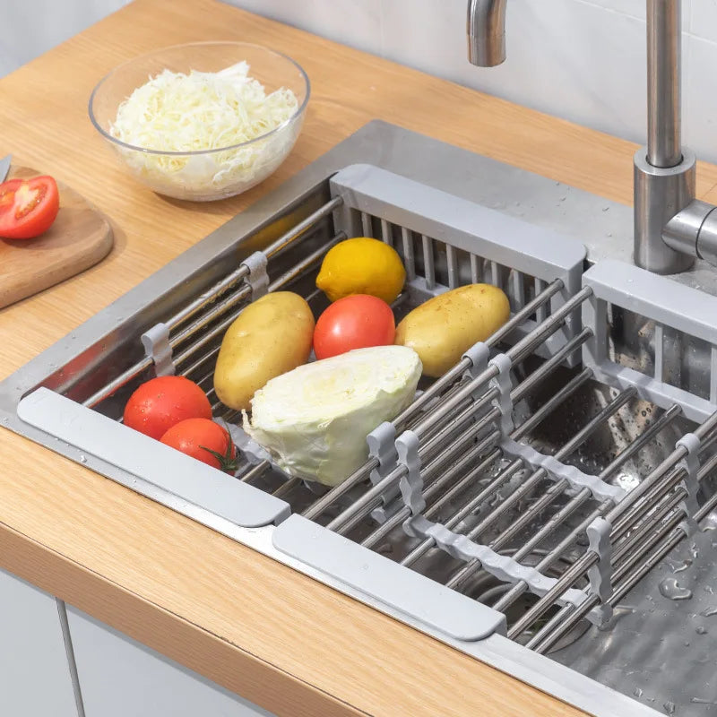 Stainless Steel Kitchen Sink Drain Rack Telescopic Utensil Rack Fruit Vegetable Washing Storage Rack Household Kitchen Accessory