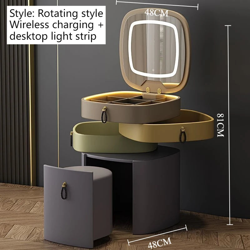 Rotary Makeup Vanities Luxury Storage Dressing Table Bedroom Organizer Makeup Vanity Illuminated Drawer Dresser with Light