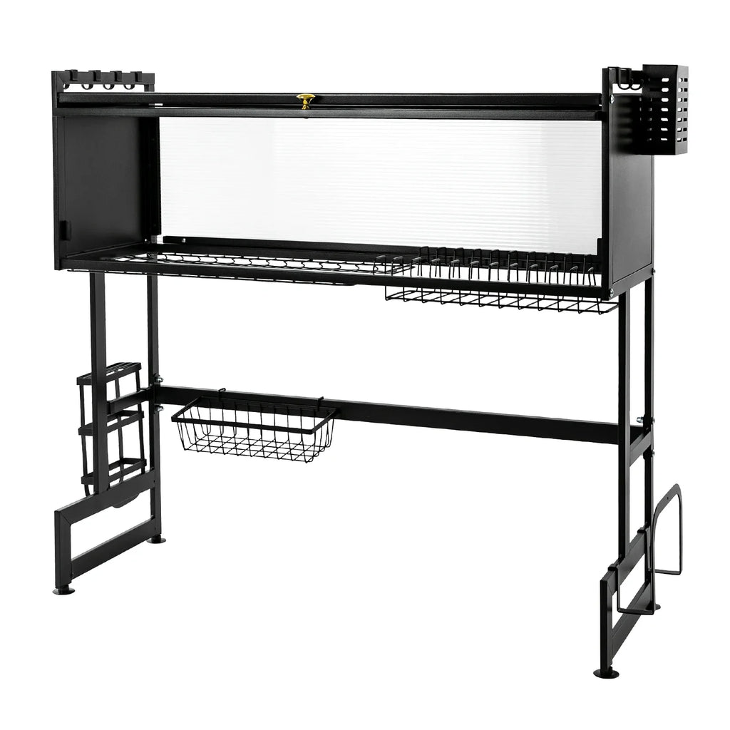 2-Tier Carbon Steel Cutlery Drainer & Dish Drying Rack | 20kg Load-Bearing, Over-Sink Mount (Black, 13.9lbs Lightweight)