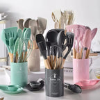 12Pcs Silicone Kitchen Utensils Spatula Shovel Soup Spoon Cooking Tool with Storage Bucket Non-Stick Wood Handle Kitchen Gadgets
