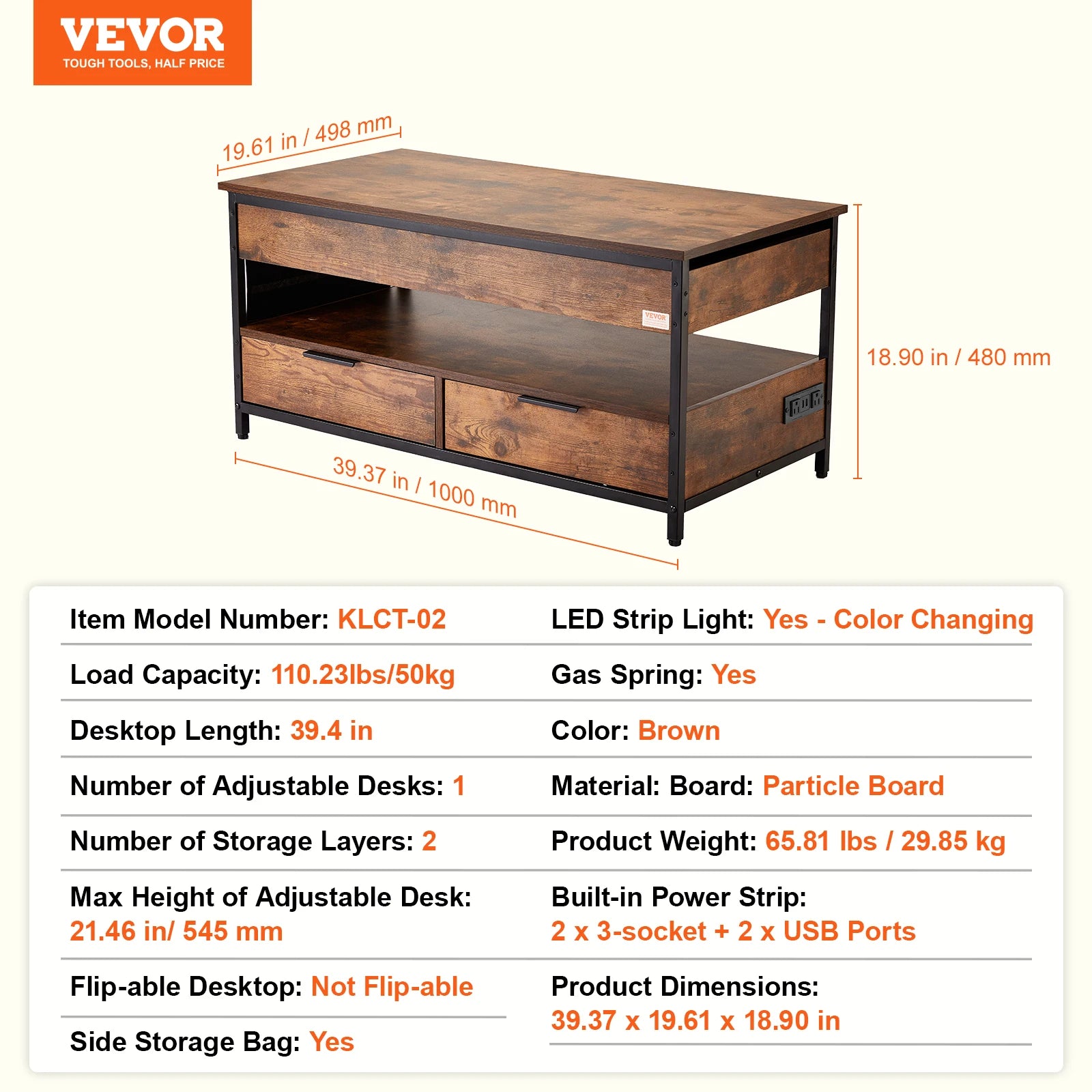 VEVOR Lift Top Coffee Table Round/Rectangle Coffee Table with Extra Storage Pockets Pop Up/Flipable Coffee Table for Living Room
