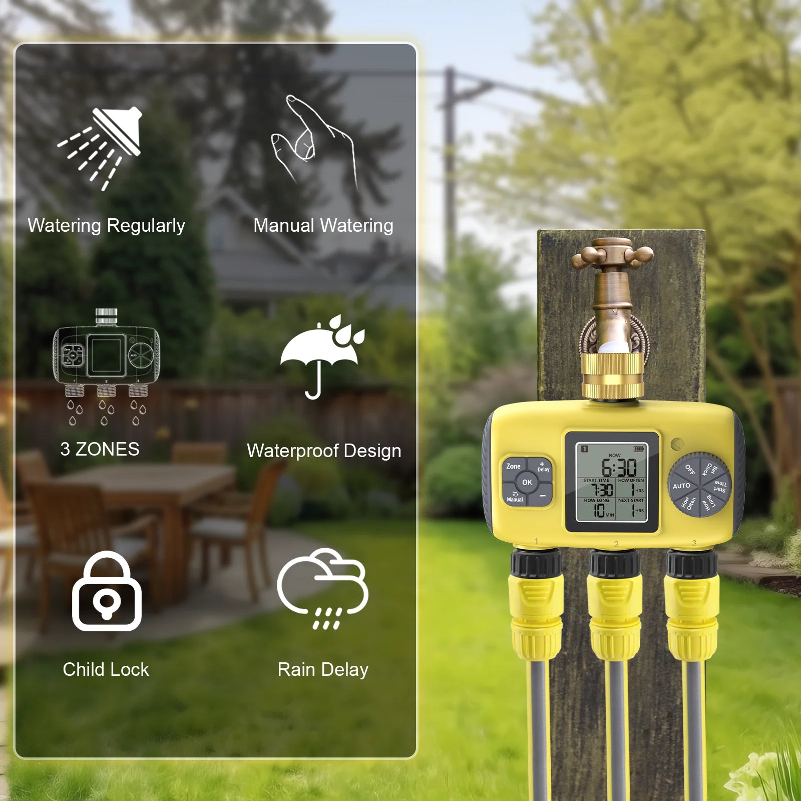 Insoma 3-Outlet Automatic Water Timer Garden Irrigation Watering System Independent Control Sprinkler Programmer Tools