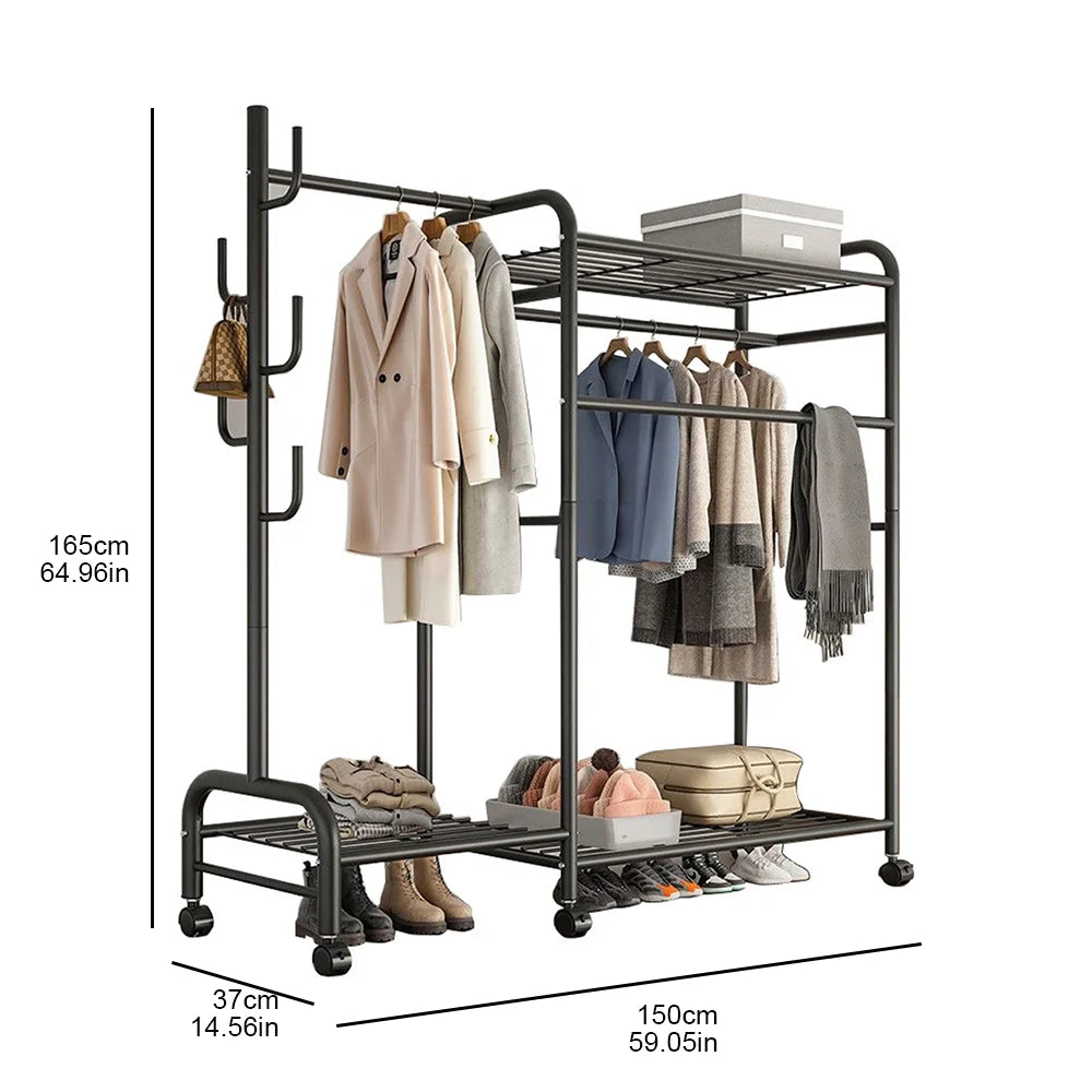 Clothes Rack Heavy Duty Coat Shelf Double-Rod Hats Clothes Rack With Hooks Hanging Clothe Organizer Floor Hangers Organizer
