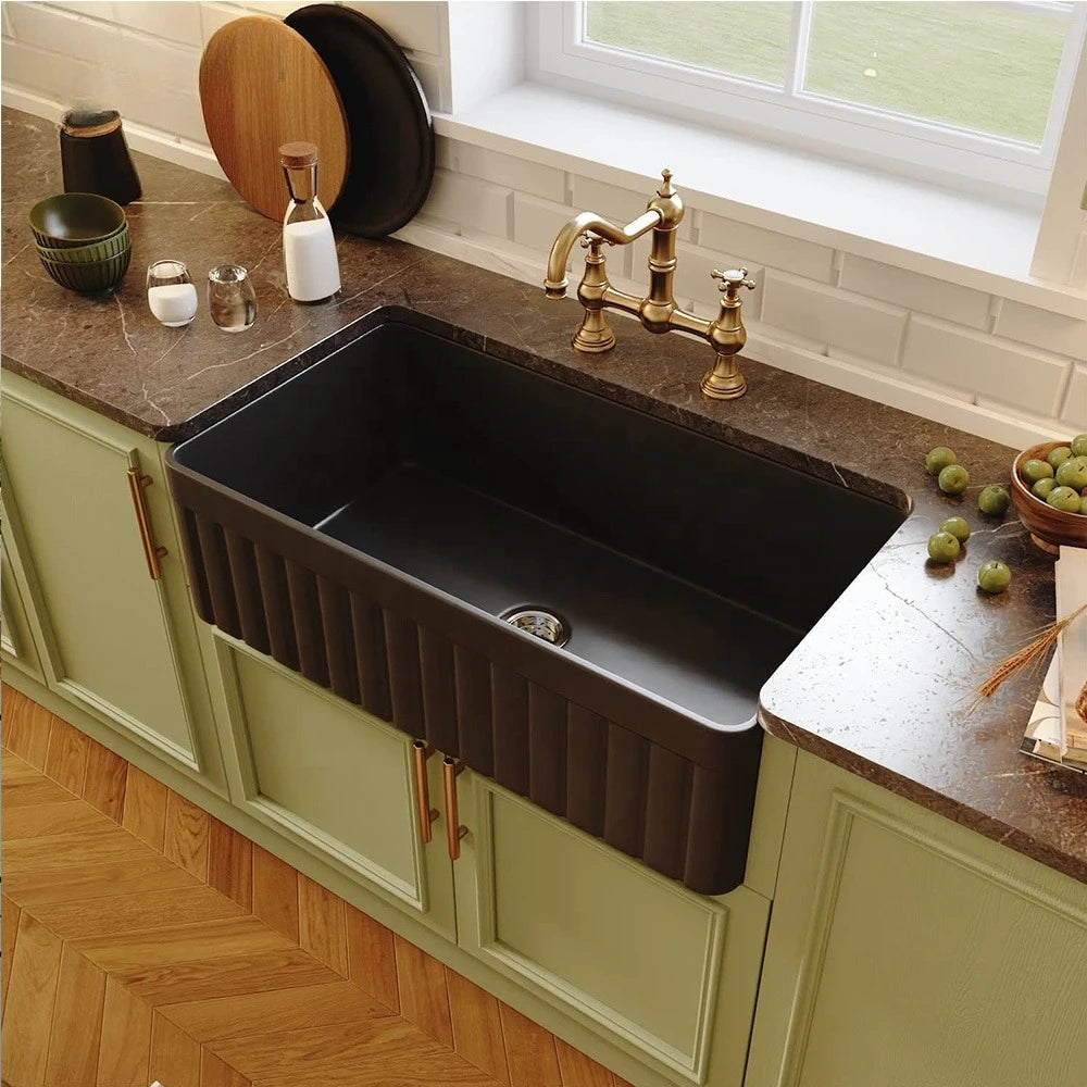 Luxury Kitchen Cabinets American Style 33 Inch Single Blow Ceramic Basin and Sink Modern Semi-Recessed Black Kitchen Sink