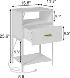 White Nightstand With Charging Station, Fluted Side Table With Drawer, Modern Bedside Table With Open Shelves For Living Room,