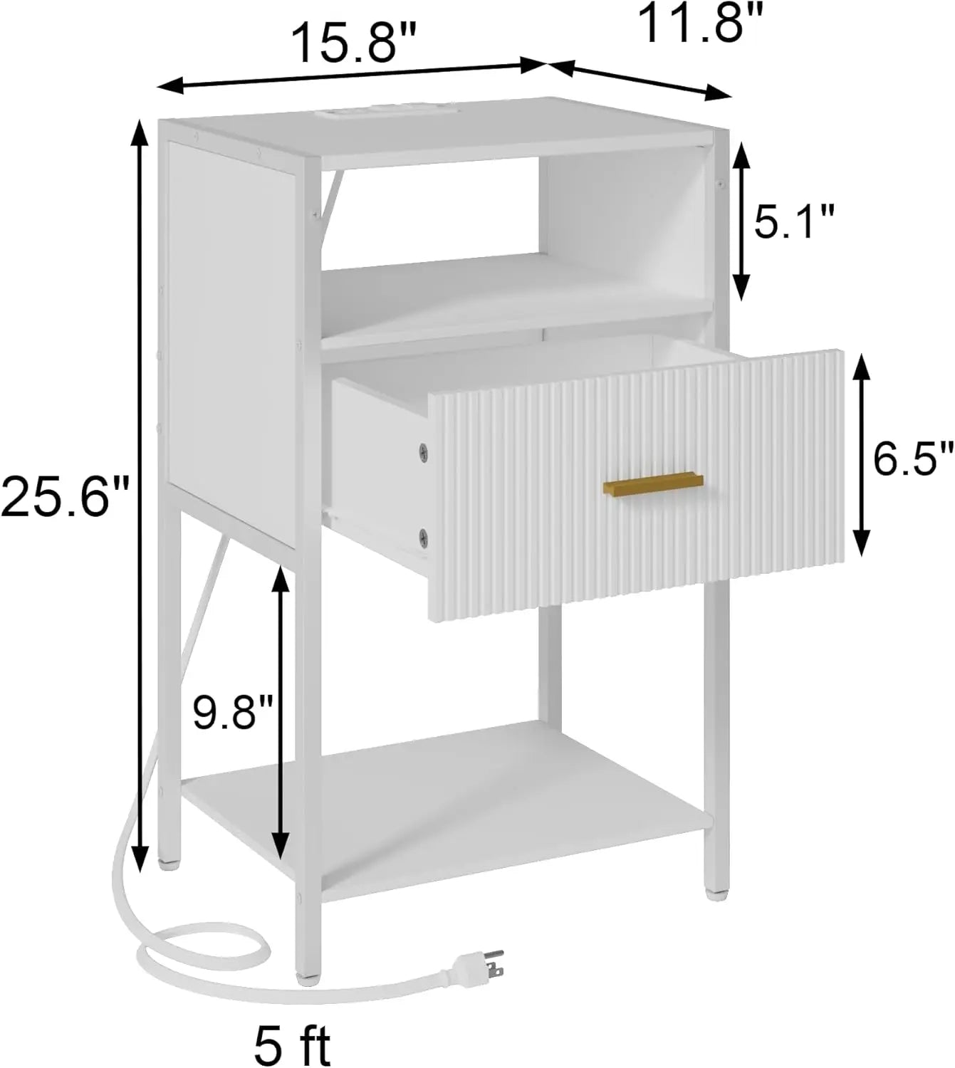 White Nightstand With Charging Station, Fluted Side Table With Drawer, Modern Bedside Table With Open Shelves For Living Room,