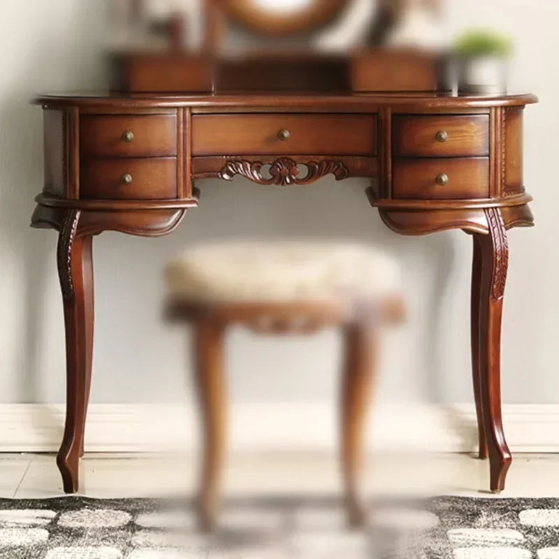 European Solid Wood Mirror Table Bedroom Dresser Amercia Princess Furniture Dark Villa Luxury Carved Makeup Table Dressing Table